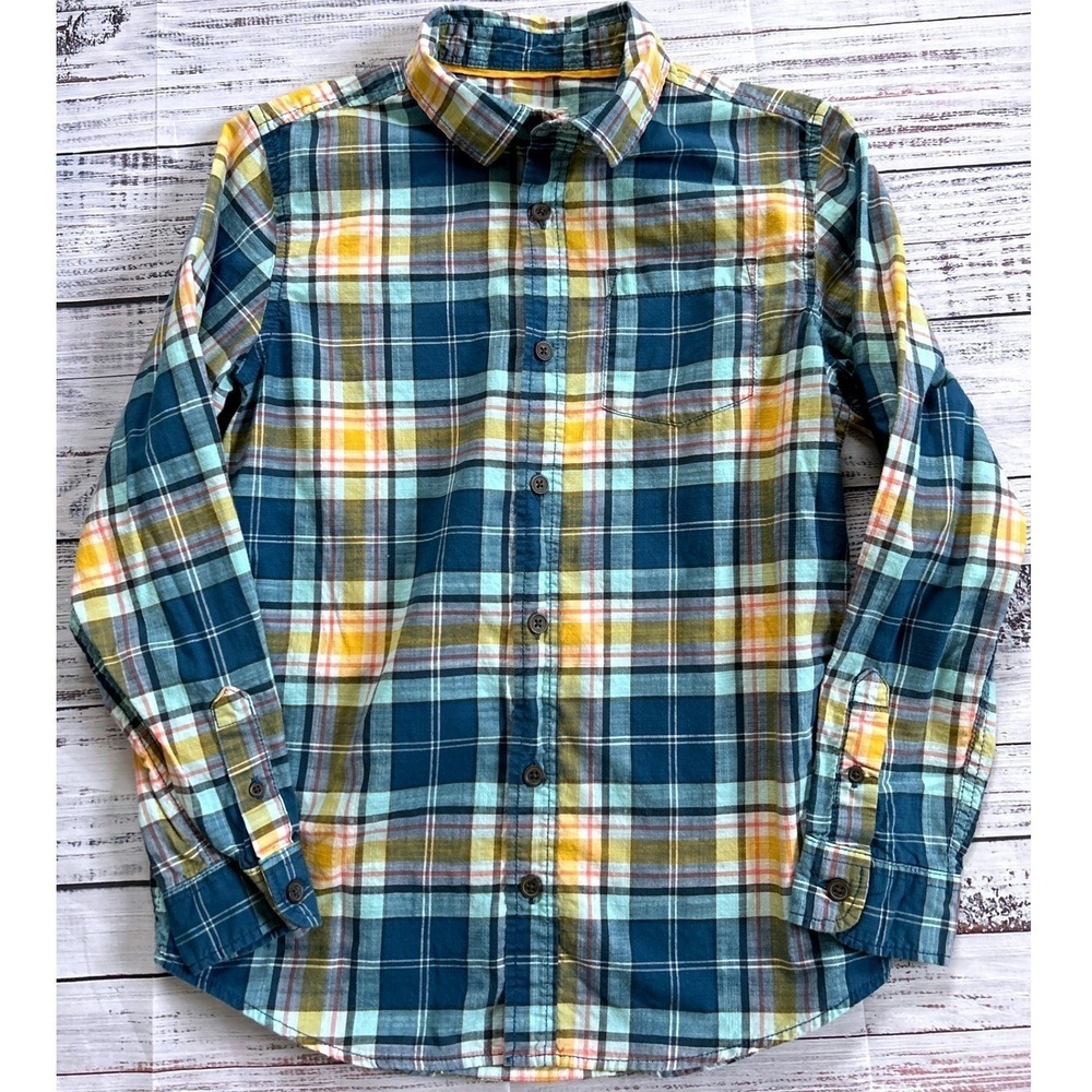 Cat & Jack Plaid Long Sleeve Button Down Shirt Boys L‎ 12 14 Blue Yellow Green